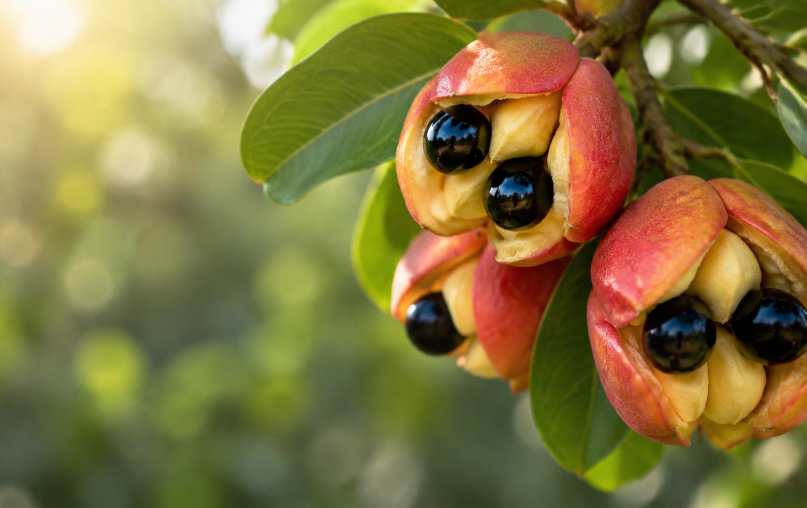 Ripe ackee fruit opening on the branch